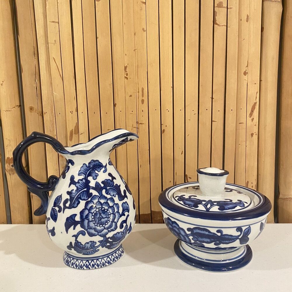 Boho Floral Bombay Blue & White Ceramic Sugar Bowl w Lid & Creamer Pitcher Set